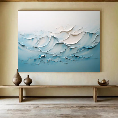 “Soft Wave Relief” - Blue, White, Textured Ocean Waves Painting On Canvas HB0730