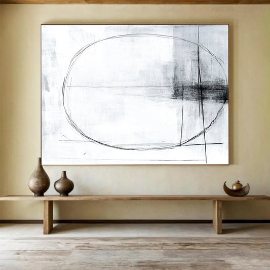 “Minimalist Lines” - Black, White with Simple Geometric Lines - Abstract Charcoal Drawing HB1344