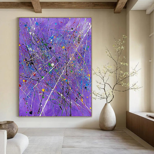 Contemporary abstract art features a vibrant purple backdrop with expressive white lines and colorful splatters, perfect for elevating any space. DLZ0720