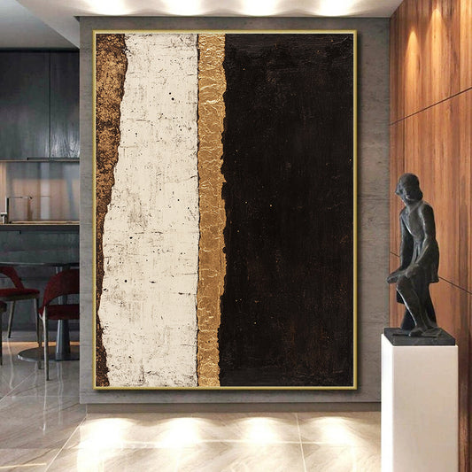 Black, White, Gold, Textured Stripes "Gilded Divide" Abstract Minimalist Painting On Canvas HB082