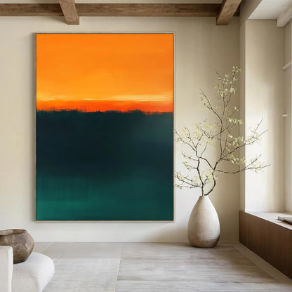 Contemporary hand-painted abstract art featuring dark green and orange tones with a tranquil teal gradient and warm amber horizon line for serene beauty. DLZ1384