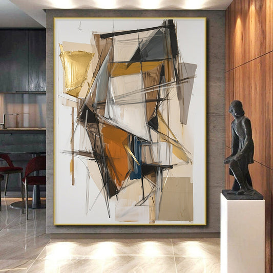 Earth - Toned Geometric Shapes with Gold Accents - “Urban Mosaic Fusion” Painting On Canvas HB201
