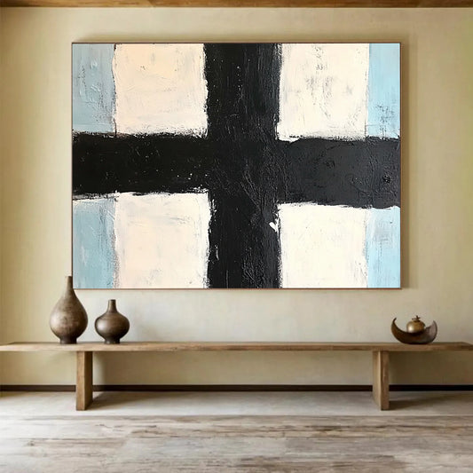 “Black Cross Geometry” - Black, White, Blue, Minimalist Abstract Geometric Painting On Canvas HB1074