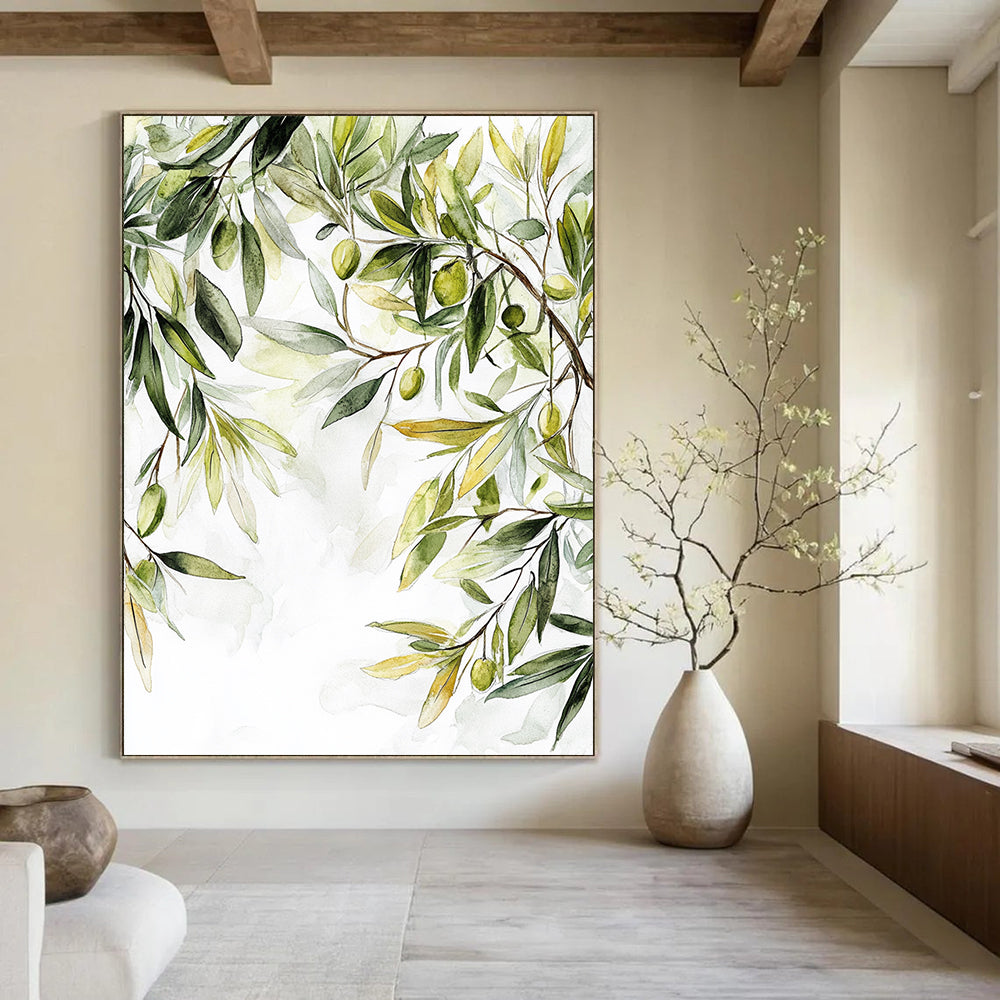Contemporary abstract painting featuring olive tree leaves in muted colors with soft organic forms and white space highlighting nature's tranquility. DLZ1728