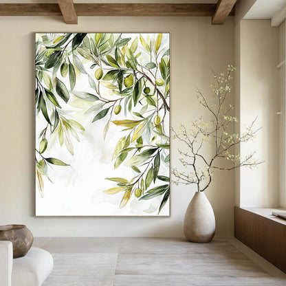 Contemporary abstract painting featuring olive tree leaves in muted colors with soft organic forms and white space highlighting nature's tranquility. DLZ1728