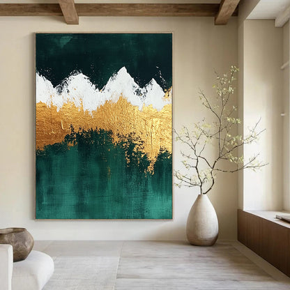 Contemporary hand-painted abstract art featuring gold and emerald green mountains with white snow enhanced by gold foil and textured surfaces. DLZ1321