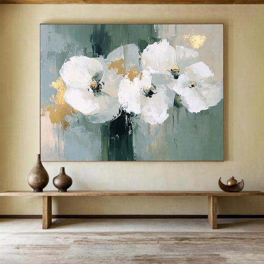 “White Flowers with Gold Accents” - Green, White, Gold with Floral Forms - Painting On Canvas HB1405