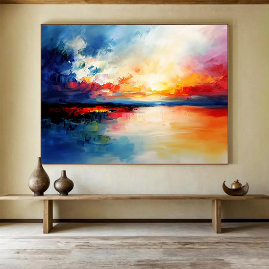 “Vibrant Sunset Sky” - Blue, Red, Orange, Fiery Skies and Reflective Water Painting On Canvas HB0928