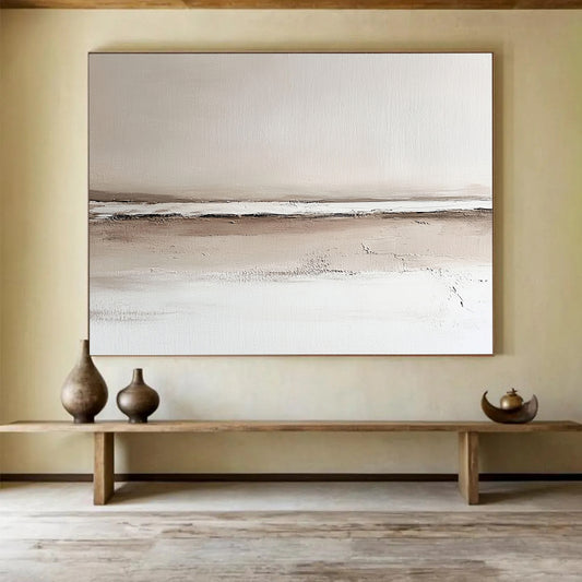 “Neutral Toned Landscape” - Beige, Brown, White, Subtle Horizon Landscape Painting On Canvas HB0957