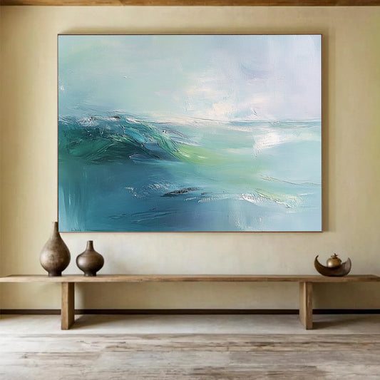 “Soft Green - Blue Abstract Wave” - Soft Green, Blue, Abstract Wave, Expressive Brushstrokes HB1123