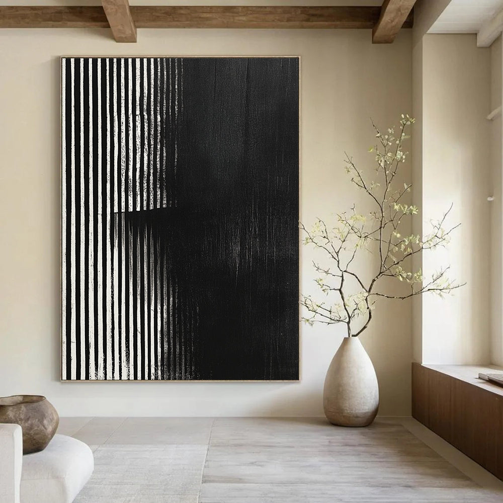 Contemporary hand-painted abstract art featuring black and white stripes with a grainy texture and focus stacking effect on a dark background. DLZ1489