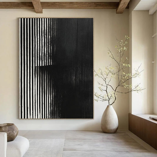 Contemporary hand-painted abstract art featuring black and white stripes with a grainy texture and focus stacking effect on a dark background. DLZ1489