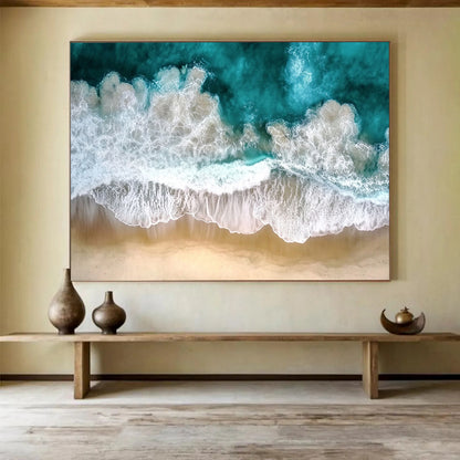 “Aerial Ocean Waves” - Turquoise, Whites, Browns, Aerial View of Ocean Waves on Beach - Photography Art HB1761
