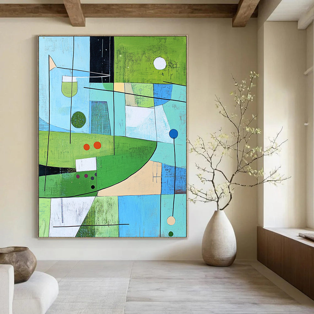 Contemporary abstract painting inspired by golf greens featuring dynamic lines and shapes with subtle color accents. DLZ0596