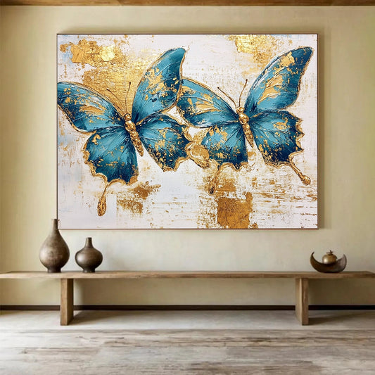 “Blue Butterflies With Gold” - Blue, Gold, White, Textured Floral - Animal Painting On Canvas HB0685
