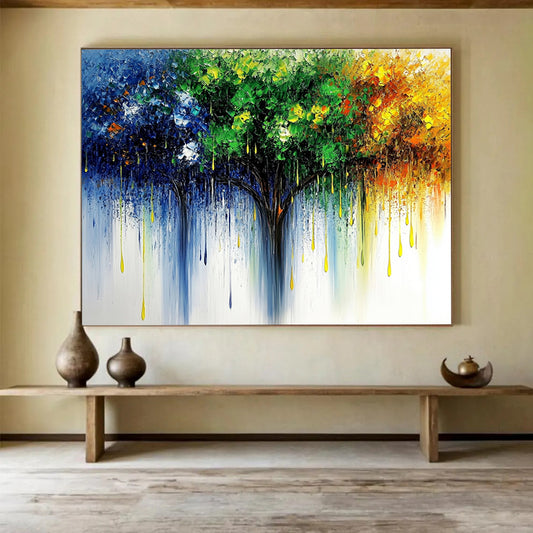 “Colorful Dripping Tree” - Blue, Green, Yellow, Orange - Impasto Dripping Tree - Oil Painting HB1329