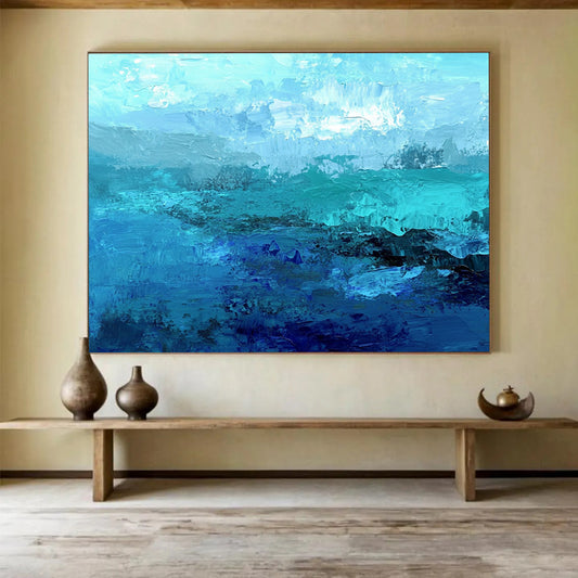 “Ocean Depths in Blue” - Shades of blue; Abstract ocean waves; Impasto Oil Painting On Canvas HB1186