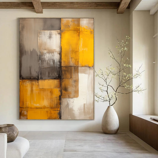 Contemporary abstract artwork features large color blocks in beige and gray offering a minimalistic bohemian style with vintage wall texture. DLZ0836
