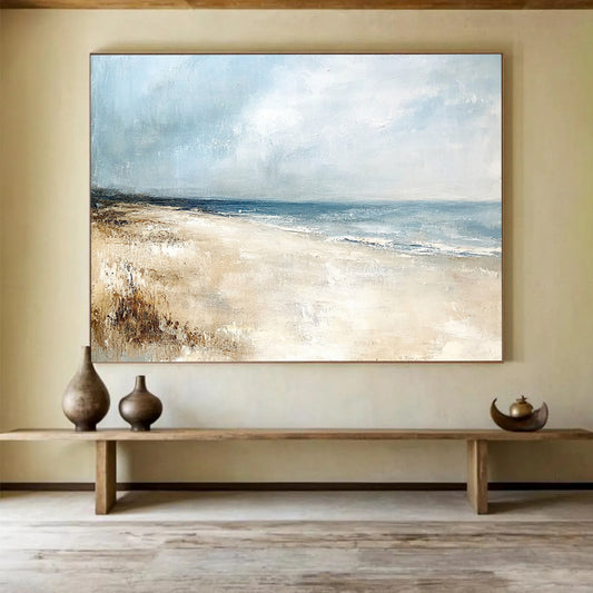 “Serene Beachscape” - Blue, Beige, Gray, Realistic - Style Abstract Beach Painting On Canvas HB1072