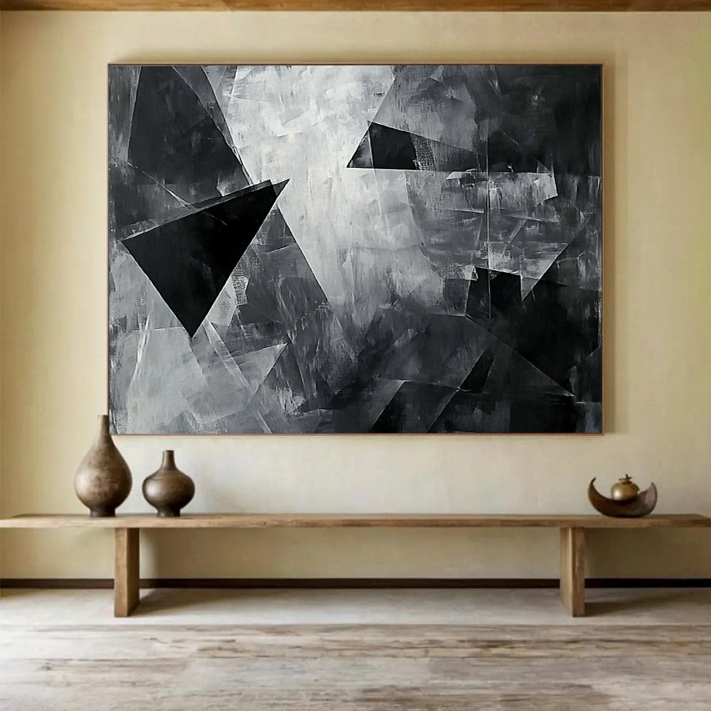 “Black - White Geometric Shapes” - Black, White with Angular Forms - Abstract Acrylic HB1359