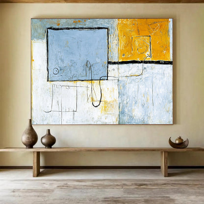 “Geometric Neutral Tones” - Blue, Yellow, Gray, Abstract Shapes - Modernist Acrylic Painting HB1510