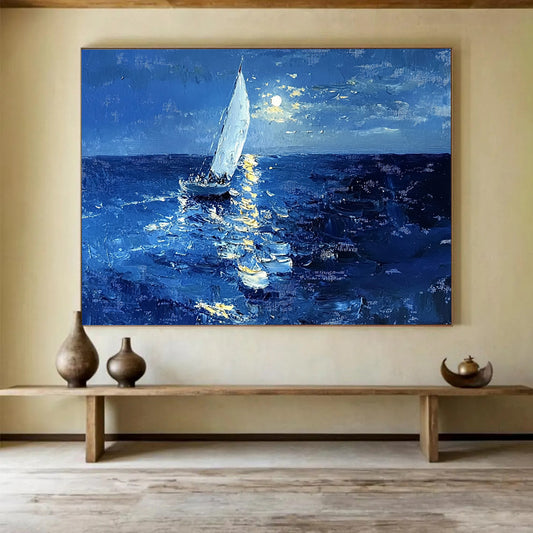 “Moonlit Sailboat” - Deep Blue, White, Yellow, Sailboat on Moonlit Sea - Impasto Oil Painting HB1696