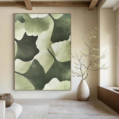 Contemporary hand-painted abstract art featuring textured ginkgo leaves in a soft green background adds depth and elegance to your outfit. DLZ1202