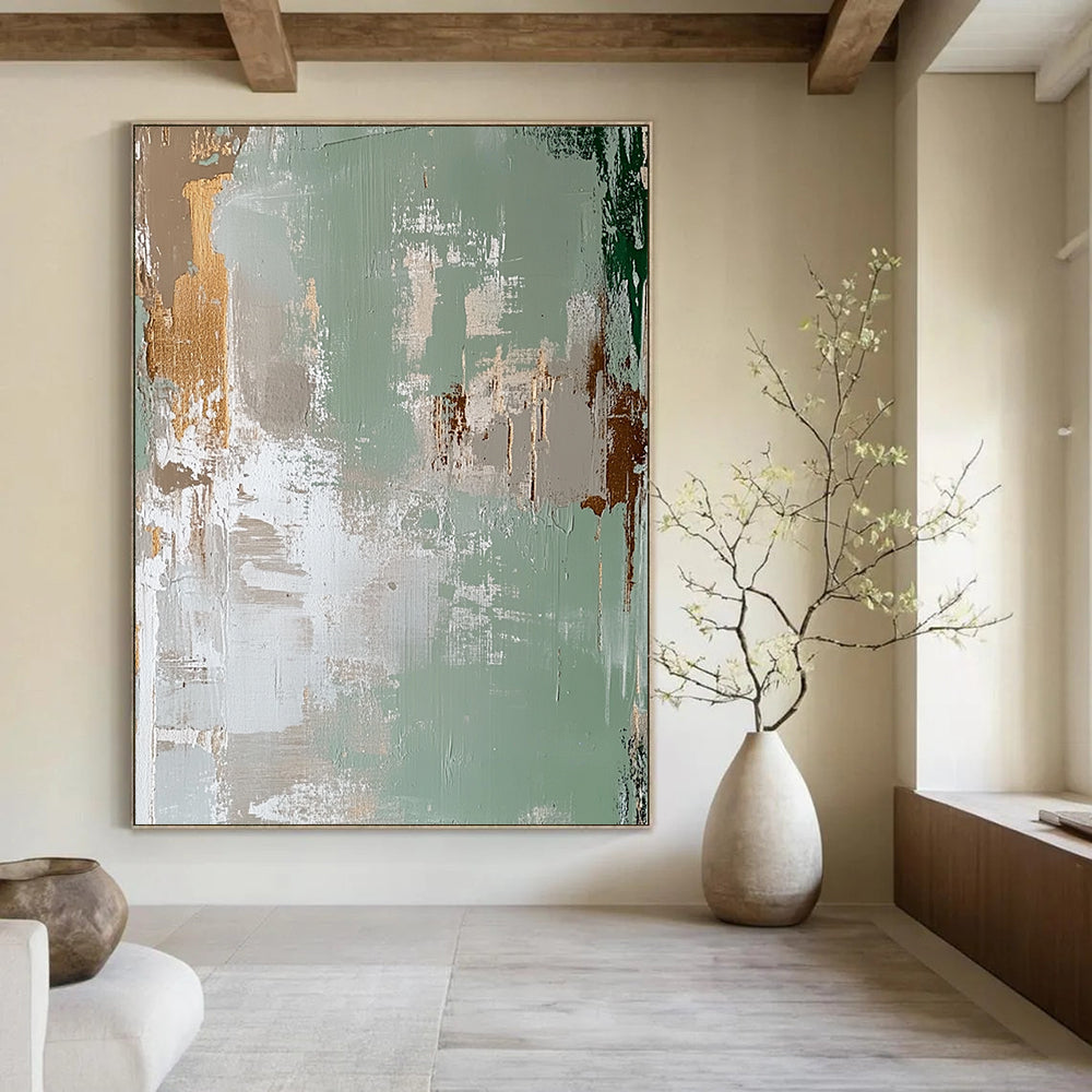 Contemporary hand-painted abstract art featuring a faded distressed background in light green and beige with peeling paint in the style of James Jean. DLZ1257