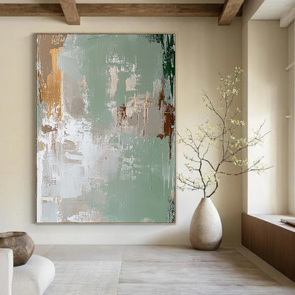 Contemporary hand-painted abstract art featuring a faded distressed background in light green and beige with peeling paint in the style of James Jean. DLZ1257