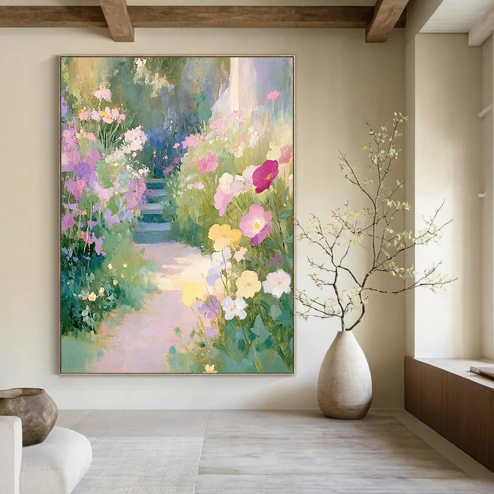 Contemporary hand-painted abstract art featuring an English garden with pastel wildflowers and a winding path leading to lush greenery. DLZ1502