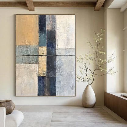 Contemporary abstract artwork featuring an ancient cross textured canvas with hand stitching in grey blue and beige tones minimalistic design. DLZ0945