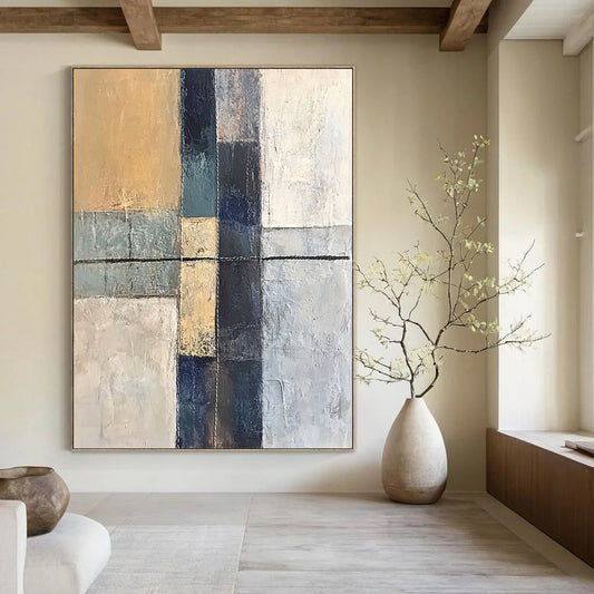 Contemporary abstract artwork featuring an ancient cross textured canvas with hand stitching in grey blue and beige tones minimalistic design. DLZ0945