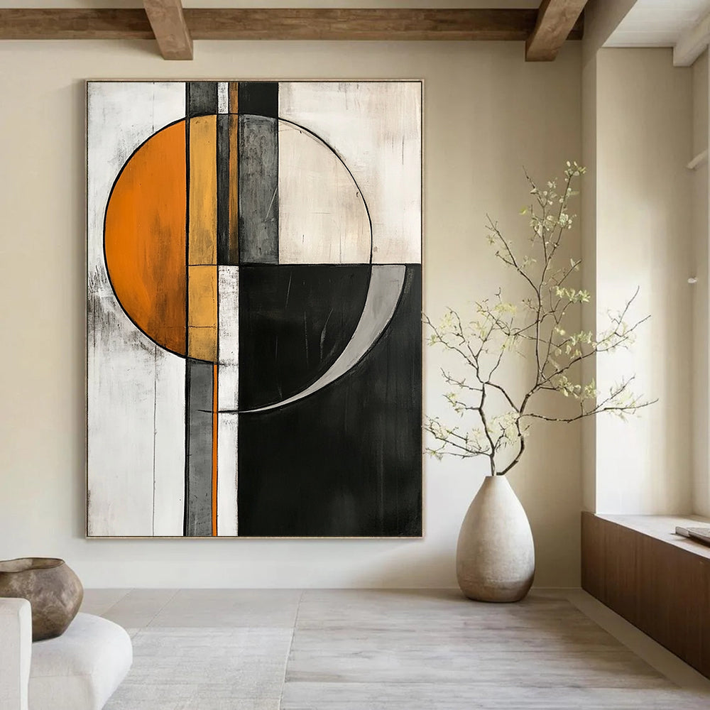 Contemporary abstract artwork featuring geometric shapes in orange, gray, and white on a striking black and white background. DLZ1017