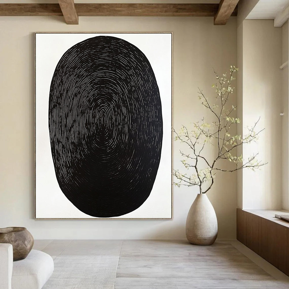 Contemporary abstract artwork featuring a black oval shape on a white background with minimal wood grain print emphasizing simplicity and elegance. DLZ1534