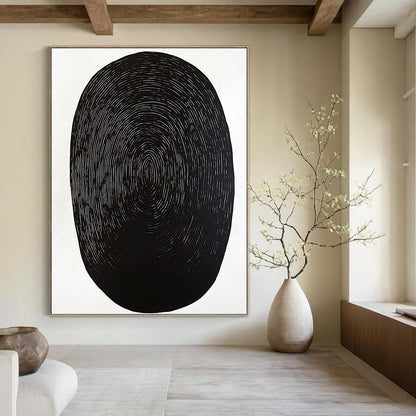 Contemporary abstract artwork featuring a black oval shape on a white background with minimal wood grain print emphasizing simplicity and elegance. DLZ1534