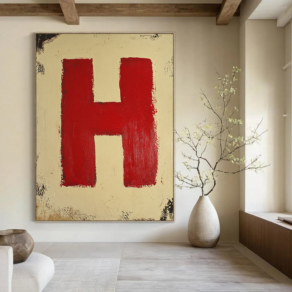 Contemporary abstract painting featuring a red square on a cream background with a striking red letter H at the center. DLZ1695
