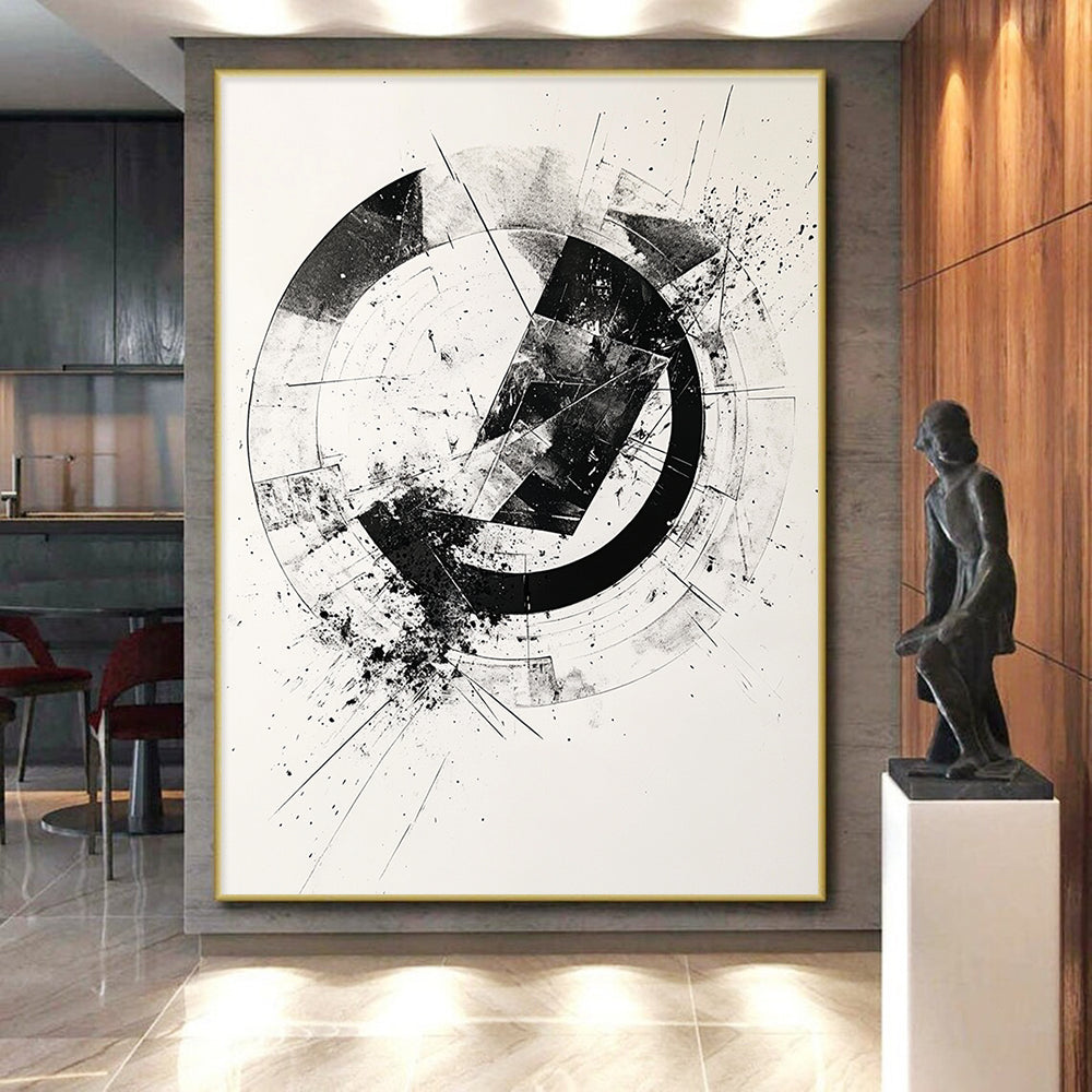 Black & Gray Geometric Circular Ink - “Structured Enso Fusion” Painting On Canvas HB243