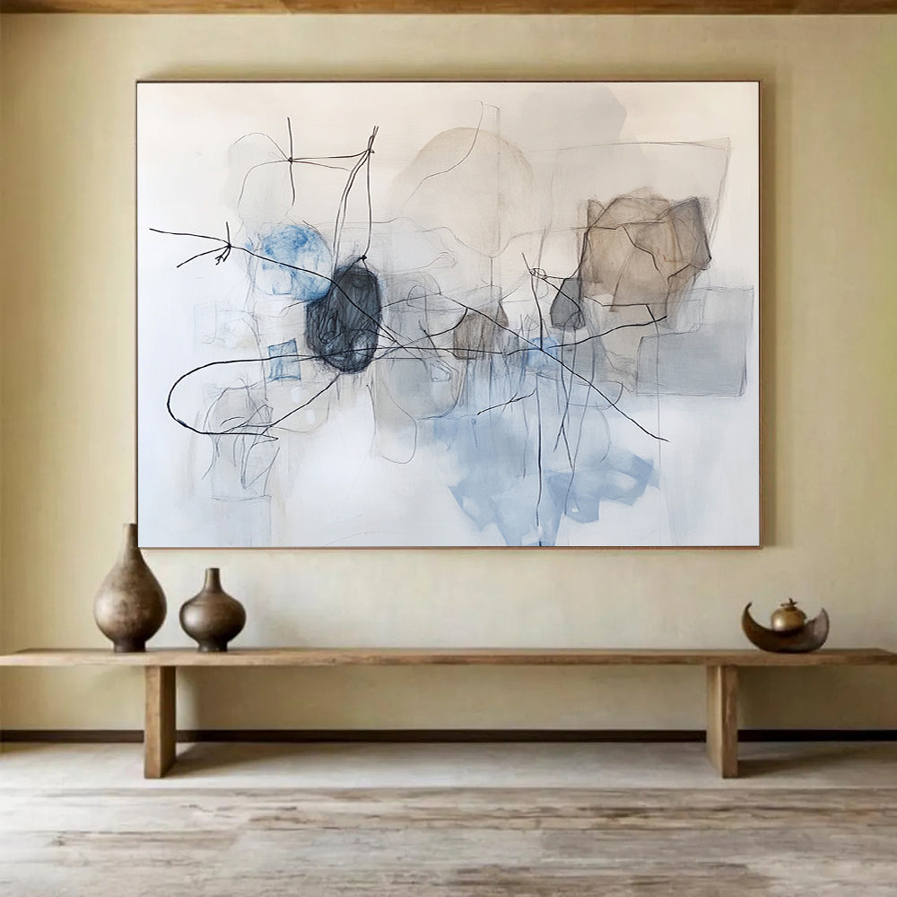 “Linear Abstract in Blue Gray” - Blue, Gray, Black with Dynamic Lines - Painting On Canvas HB1366