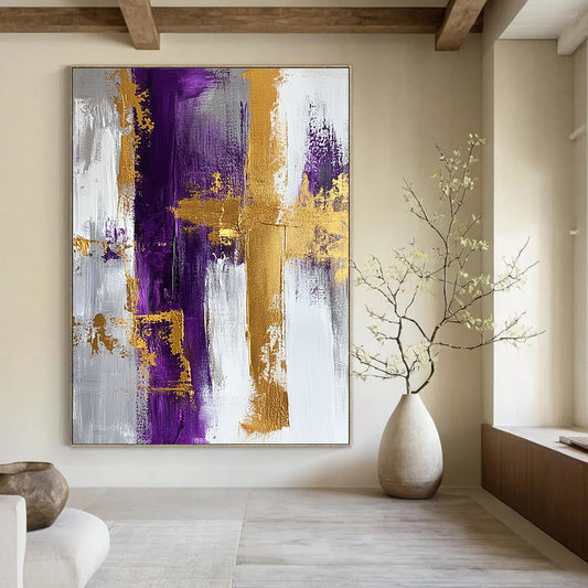 Contemporary hand-painted abstract artwork featuring gold foil and purple accents inspired by Wassily Kandinsky's unique style. DLZ0741