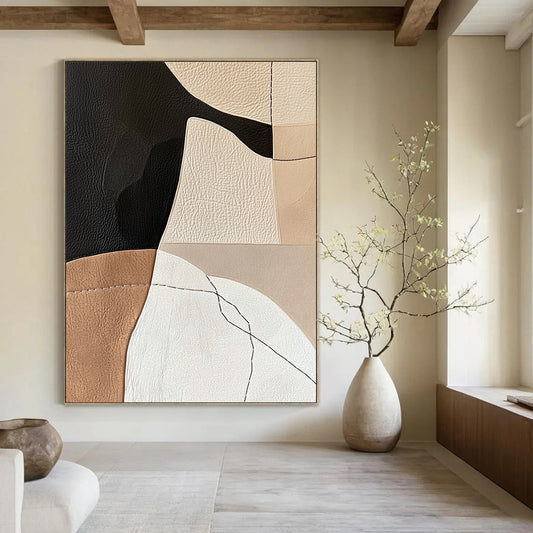 Contemporary abstract artwork with minimalist Japandi design featuring leather and paper collage in neutral earthy tones and feminine hand-stitched details. DLZ1619