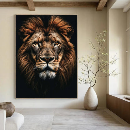 Contemporary abstract painting featuring a majestic lion portrait with realistic details against a dark background, perfect for modern decor. DLZ1590