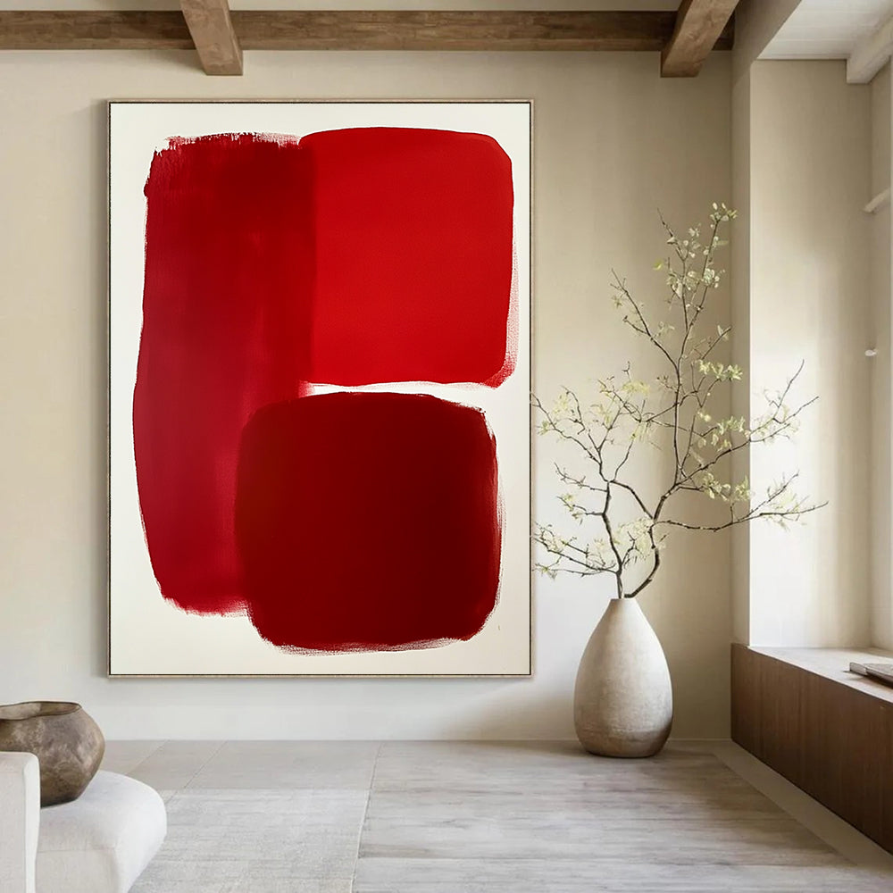 Contemporary abstract artwork featuring bold red shapes on a white background showcasing minimalist design and evocative empty spaces. DLZ1693