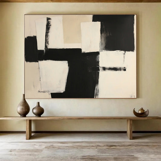 “Monochromatic Geometric Contrast in Black and White” - Black, white, beige; Abstract geometric blocks in black and white; Acrylic Painting On Canvas HB1229