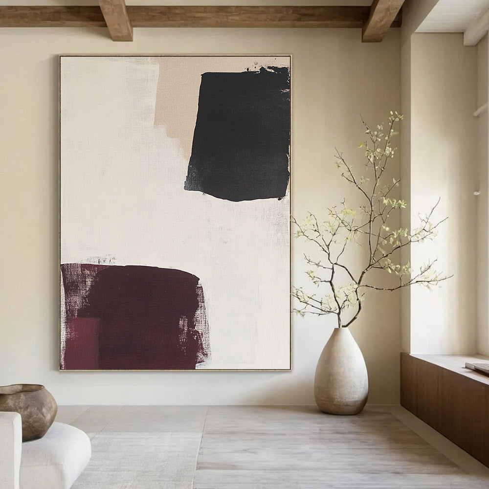 Contemporary hand-painted abstract art featuring large white burgundy and black shapes with soft neutral backgrounds and delicate fabric accents. DLZ1332