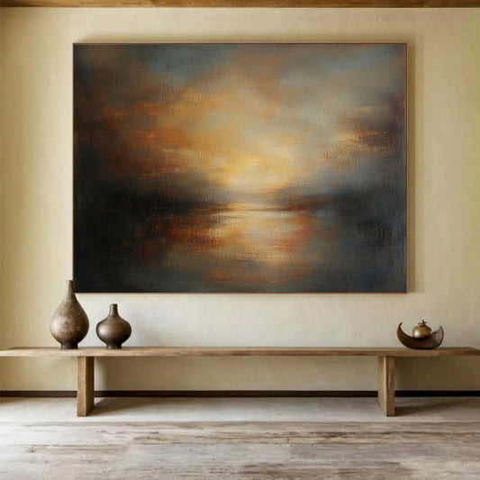 “Rustic Lake at Dusk” - Browns, Oranges, Yellows, Greys, Lake Sunset - Abstract Oil Painting HB1574