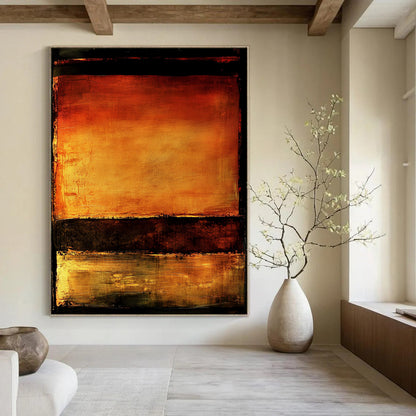 Contemporary abstract artwork features vibrant orange and brown hues with water reflections set against a dark background framed by a bold black border. DLZ0937