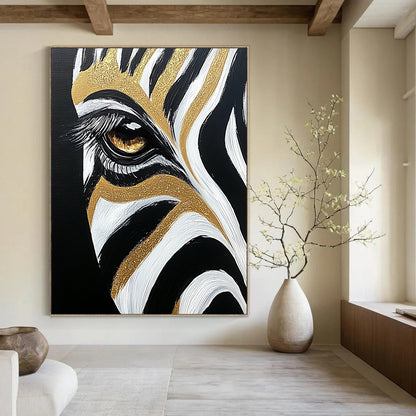 Contemporary abstract painting featuring a close-up of a zebra's eye and forehead stripes in black, white, and gold highlights. DLZ1216