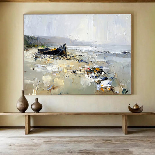 “Beached Boat Impasto Scene” - Browns, Grays, Whites, Boat on Beach - Textured Oil Painting HB1589