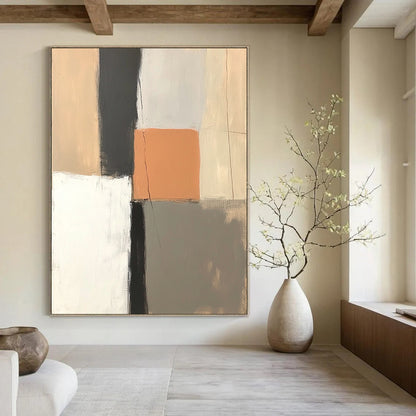 Contemporary hand-painted abstract artwork featuring muted pastel shades with an orange square and contrasting black line for a serene ambiance. DLZ1319