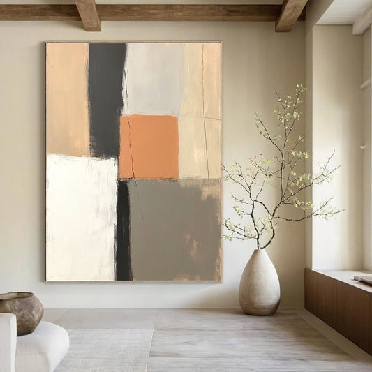 Contemporary hand-painted abstract artwork featuring muted pastel shades with an orange square and contrasting black line for a serene ambiance. DLZ1319